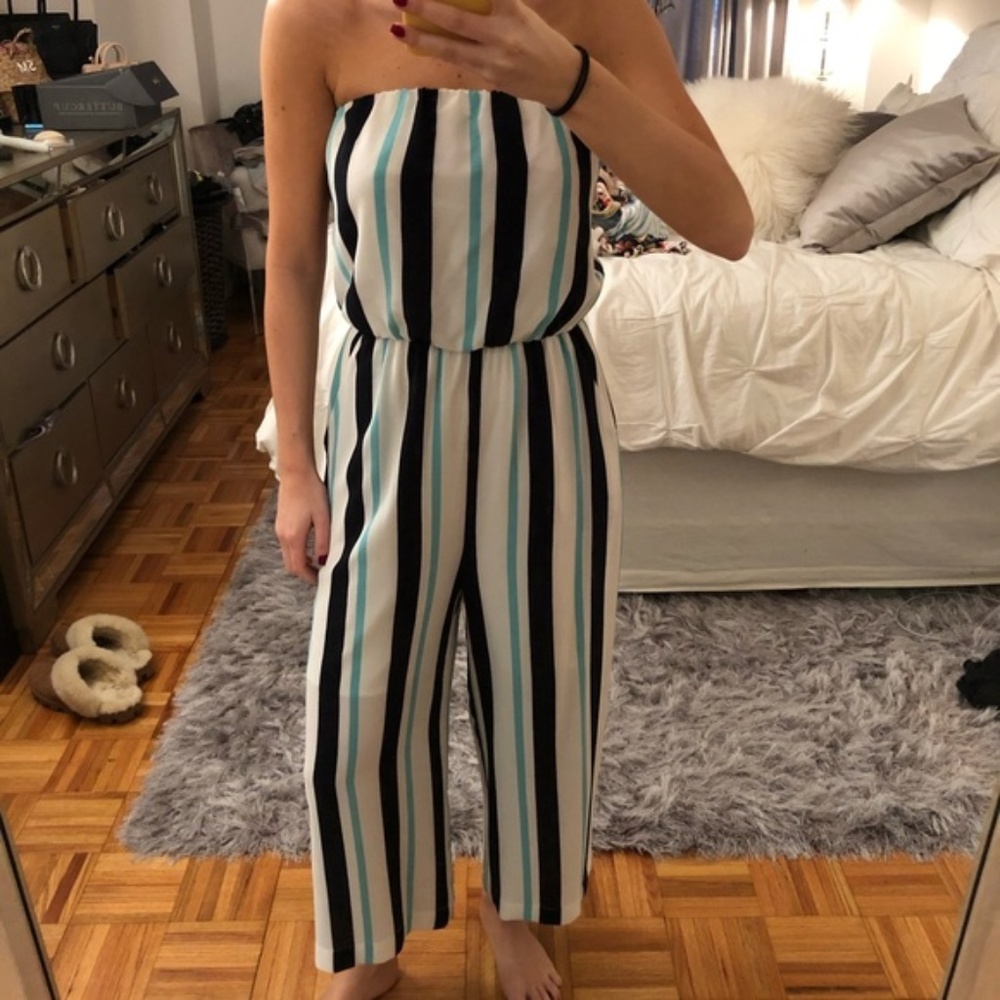 Strapless Striped Jumpsuit-S-Blue/White/Aqua